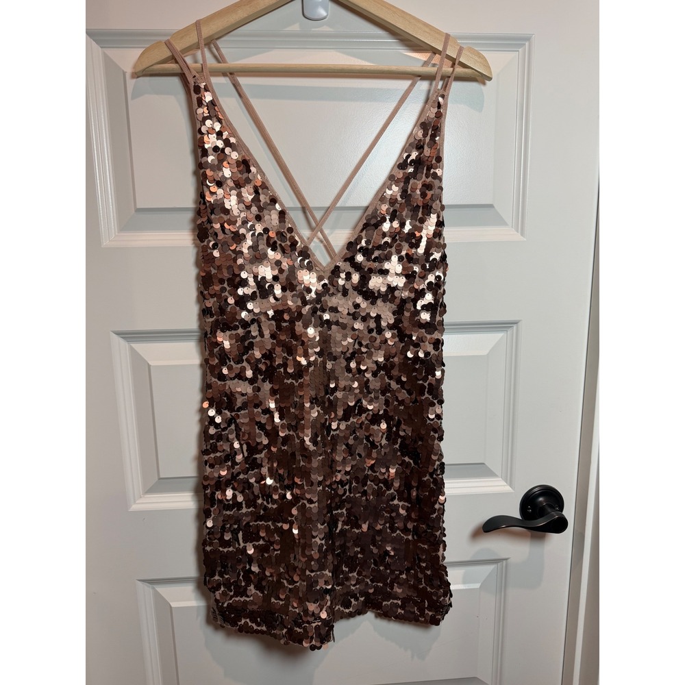 Kimchi Blue Rose Gold Sequin Cross Back Mini Dress Medium V-Neck Party Cocktail
